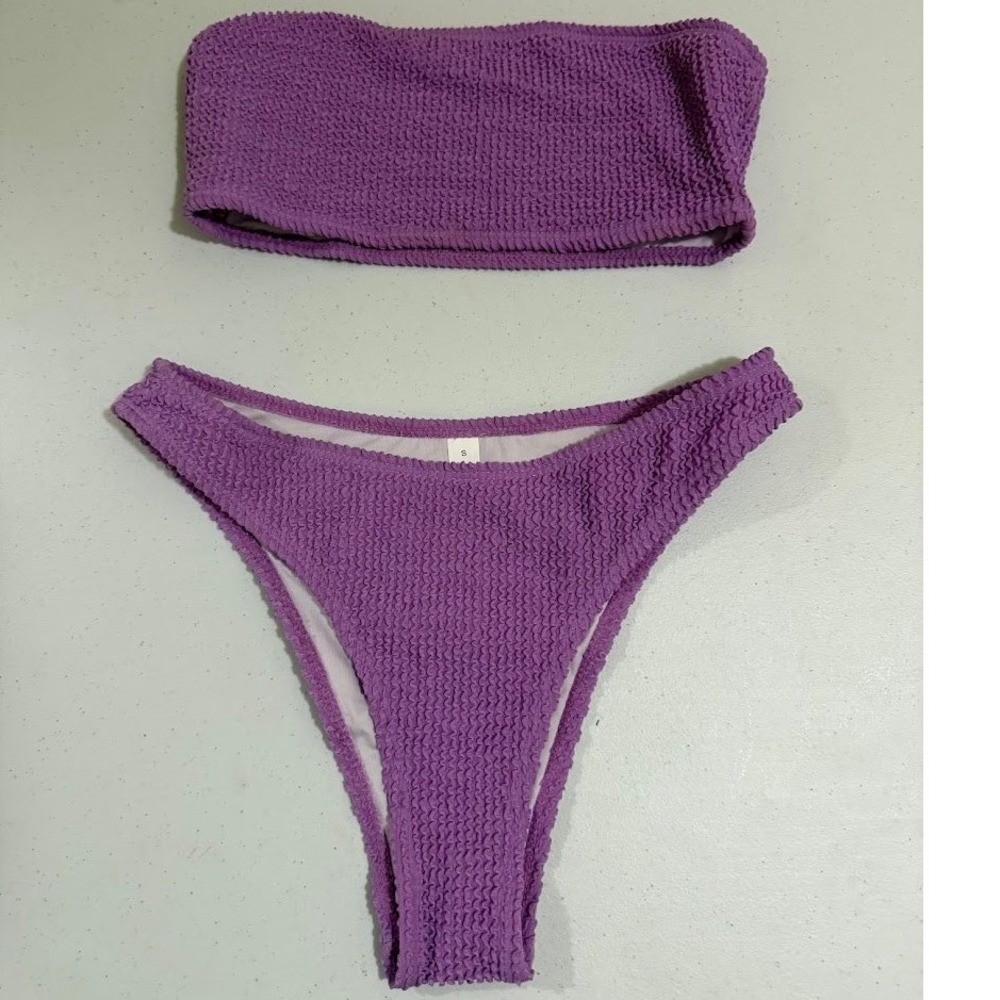 Purple Smocked Crinkle Bandeau Bikini Set High Cut Cheeky Two Piece XS S